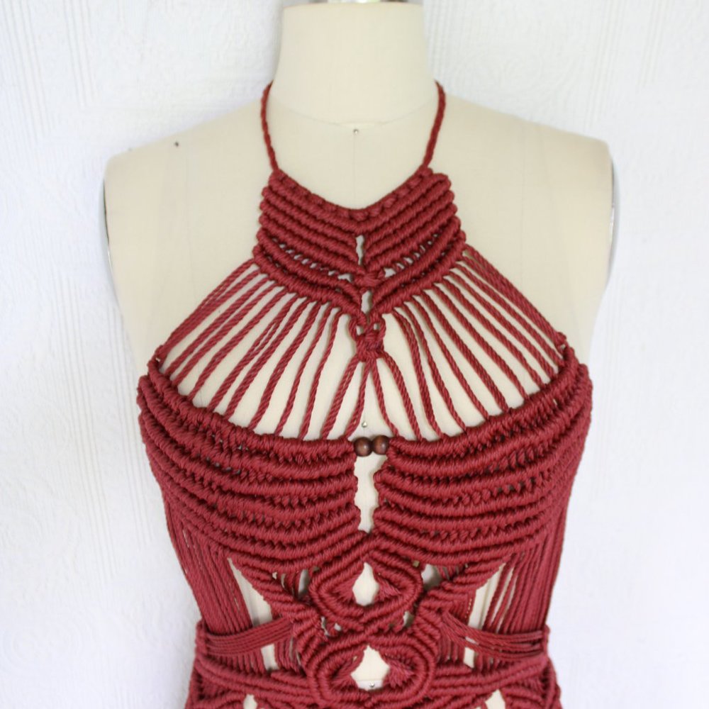 Vintage 60s hippie MACRAME crochet halter tunic dress fringe beaded Free People - Picture 6 of 11